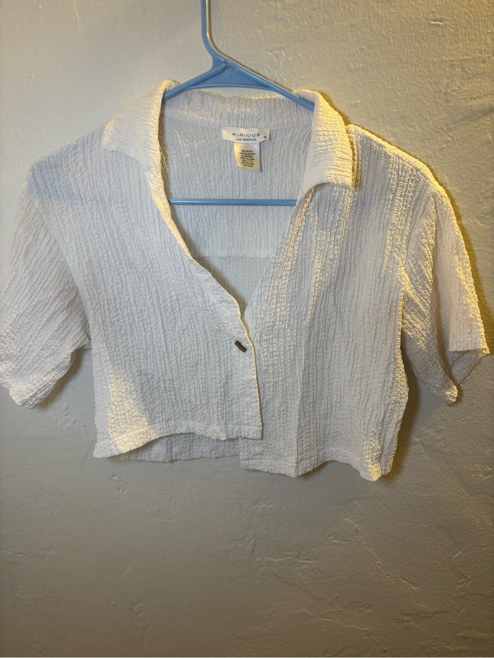 White Textured Cropped Button-Front Top